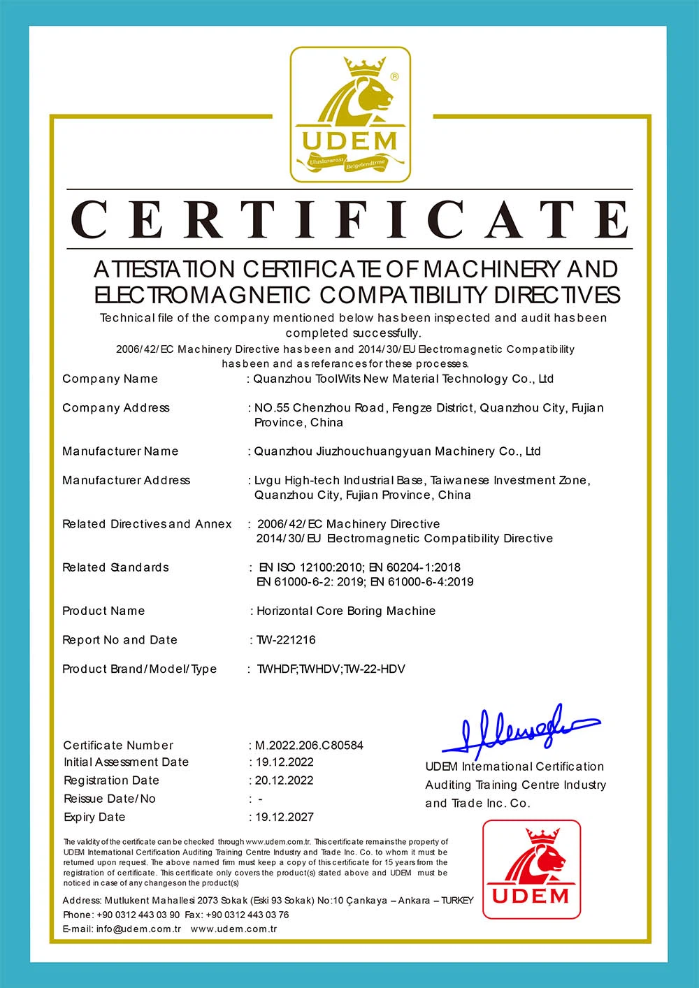 CE Certificate for Horizontal Core Boring Machine CE Certificate for Horizontal Core Boring Machine